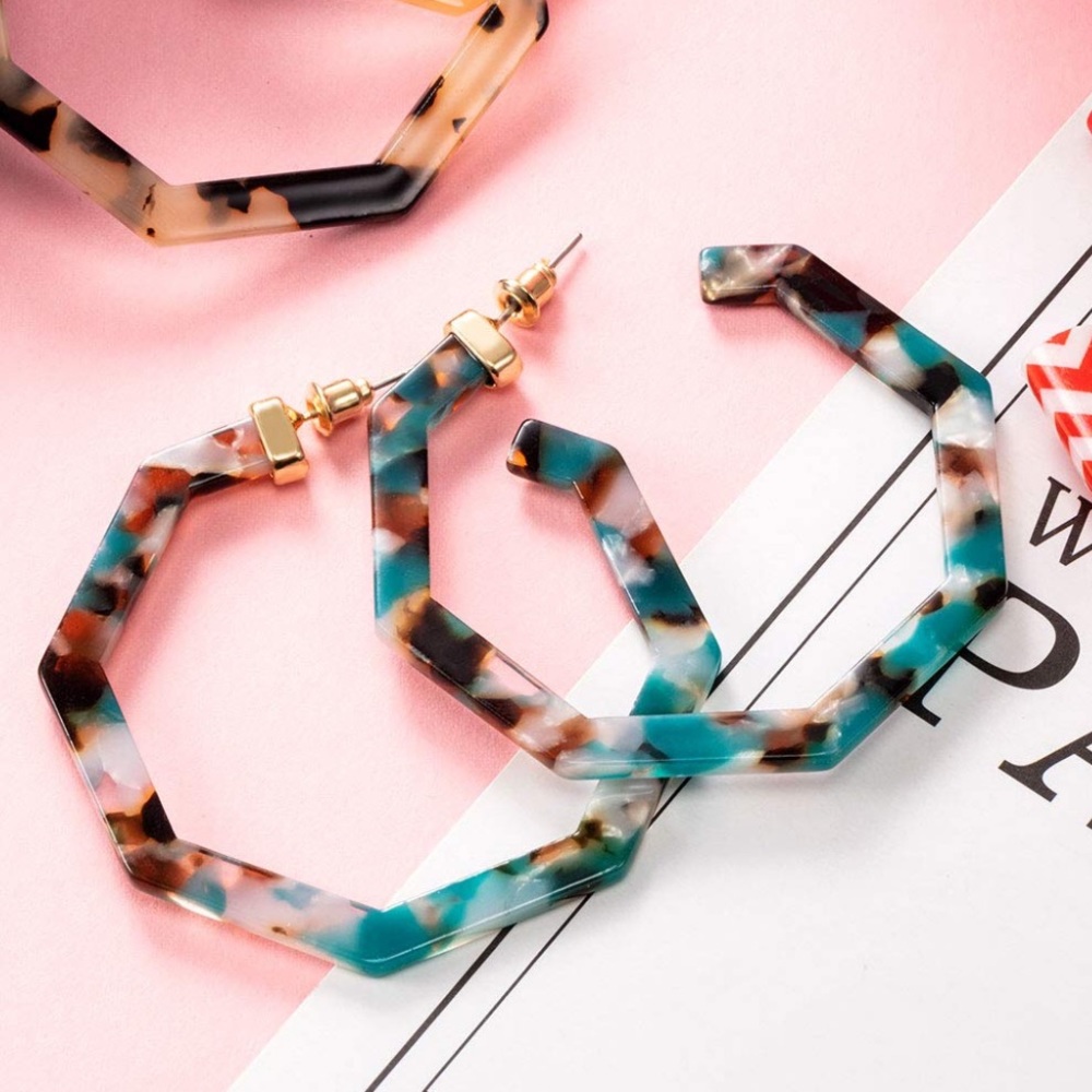 Blue Tan White Geometric Acrylic Hoop Earrings